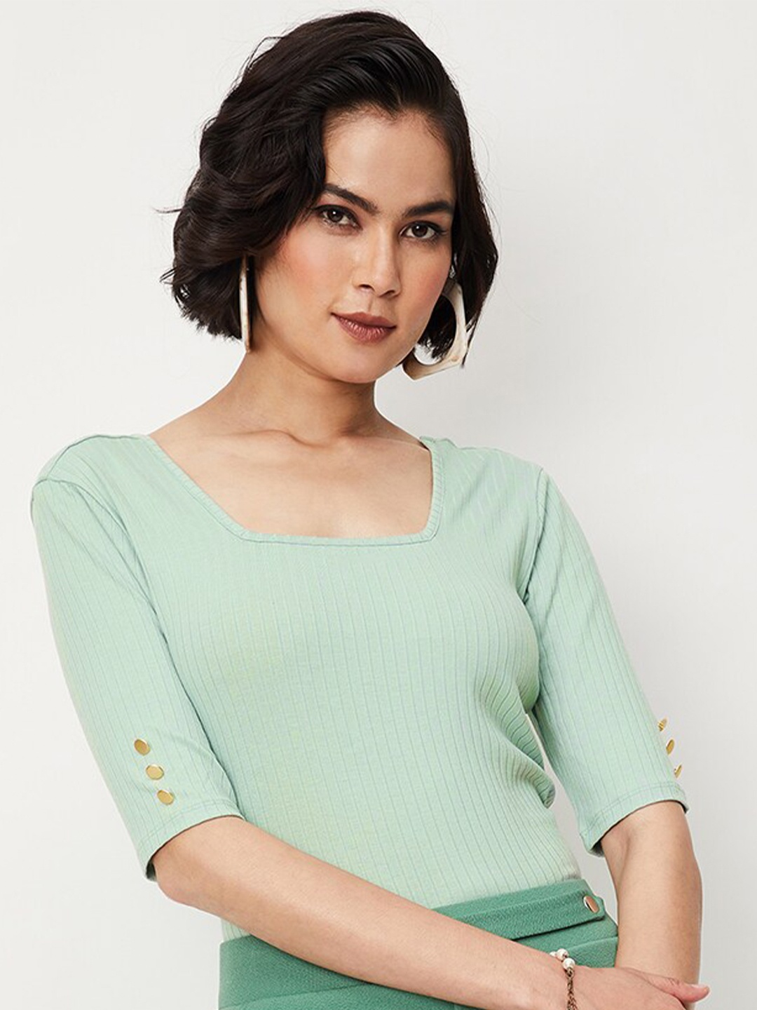 

max Striped Self Design Square Neck Elbow Sleeves Fitted Top, Green