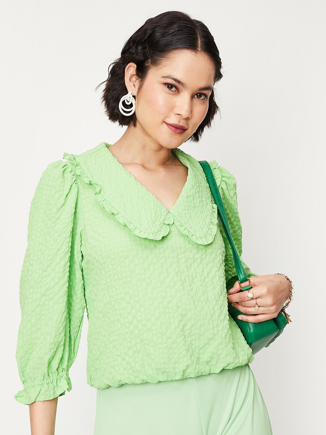 

max Self Design Above The Keyboard Collar Puff Sleeve Blouson Top, Green