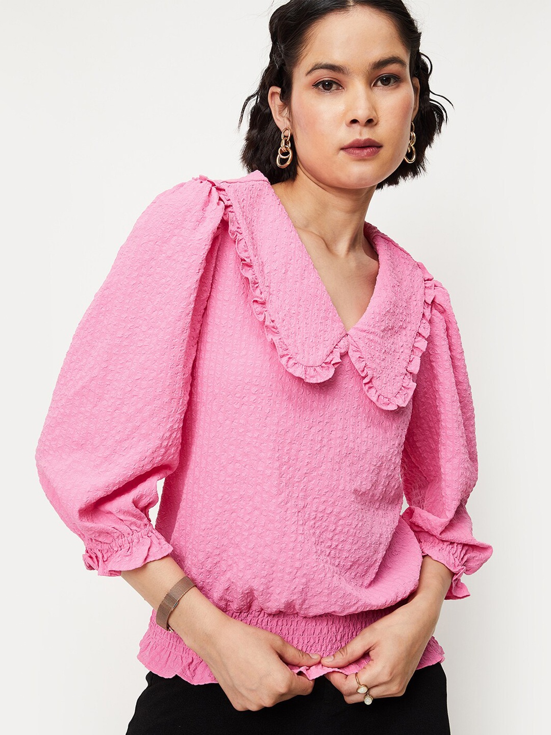 

max Self Designed Above The Keyboard Collar Puff Sleeve Blouson Top, Pink