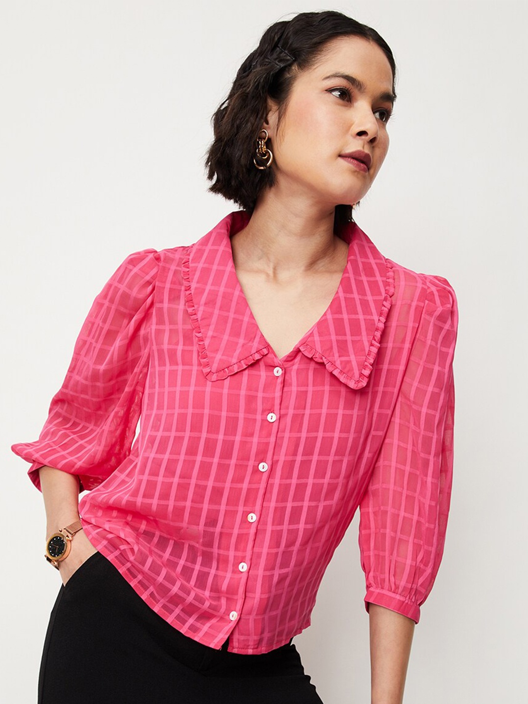 

max Checked Shirt Collar Cuff Sleeve Shirt Style Top, Fuchsia