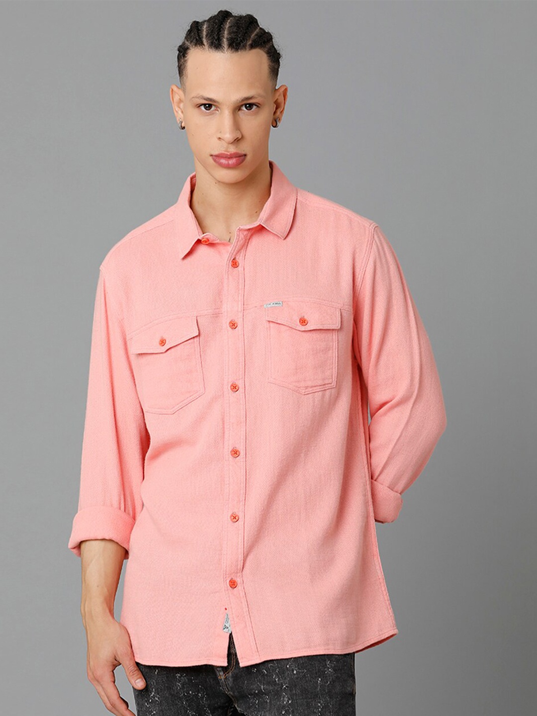 

Voi Jeans Spread Collar Long Sleeves Slim Fit Casual Shirt, Pink