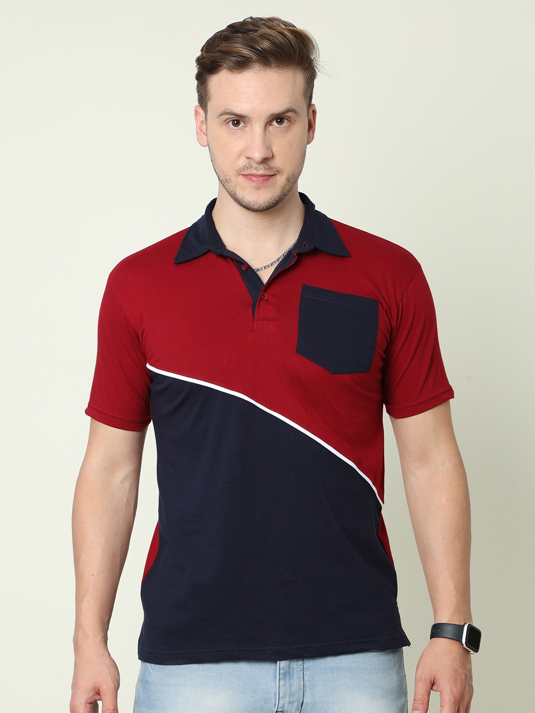 

Fleximaa Colourblocked Polo Collar Short Sleeves Cotton T-shirt, Maroon