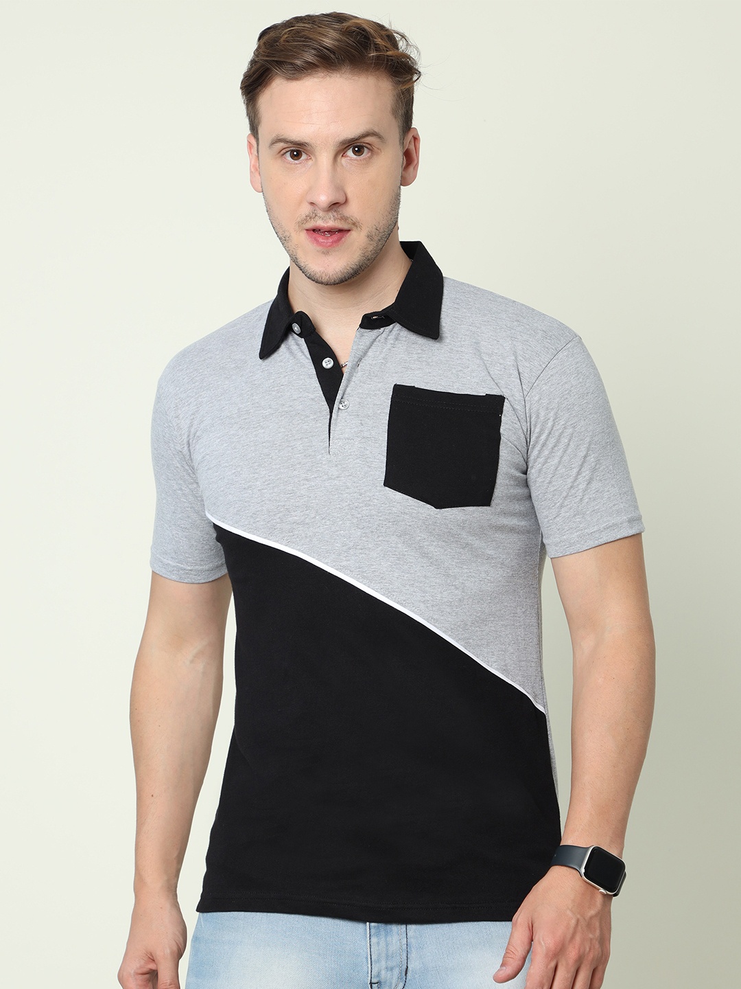 Fleximaa Colourblocked Polo Collar Cotton T-shirt, Grey
