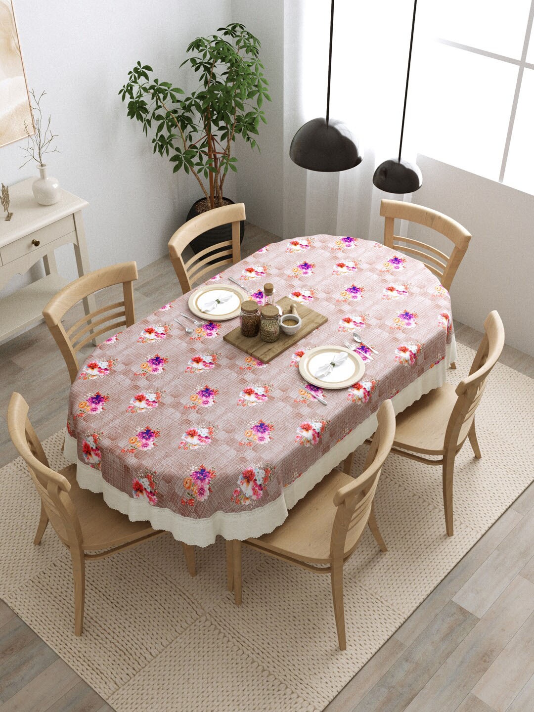 

Clasiko Brown & Pink Floral Printed Oval Shape Anti-Slip 6 Seater Table Covers