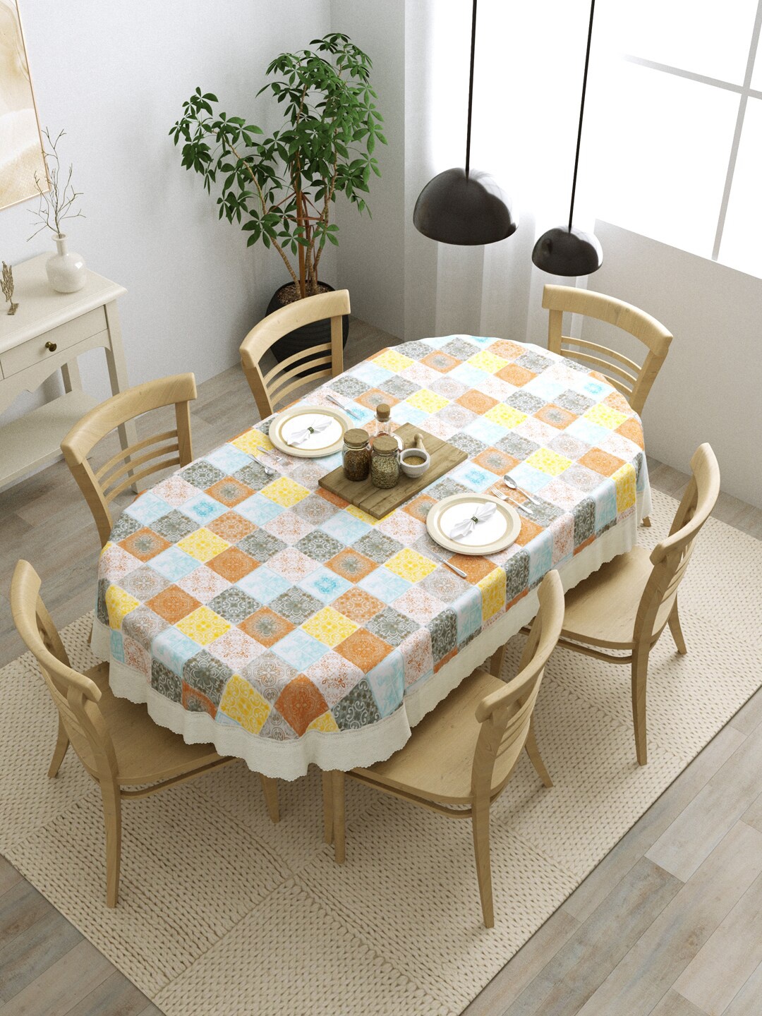 

Clasiko Yellow & Brown Checked Printed Oval Shape Anti-Slip Table Cover