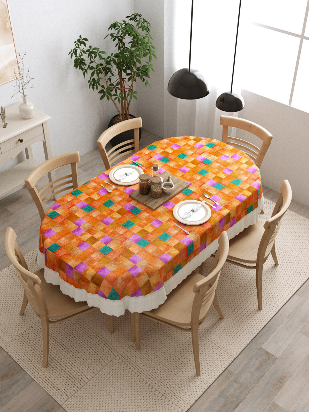 

Clasiko Orange Coloured Checked Anti-Slip 6-Seater Table Cover