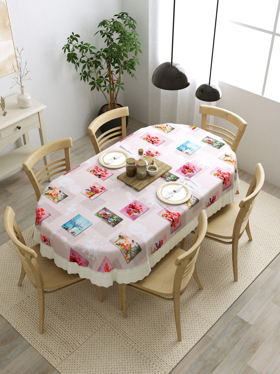 

Clasiko Pink & White Printed Oval Shape Anti-Slip 6-Seater Table Covers