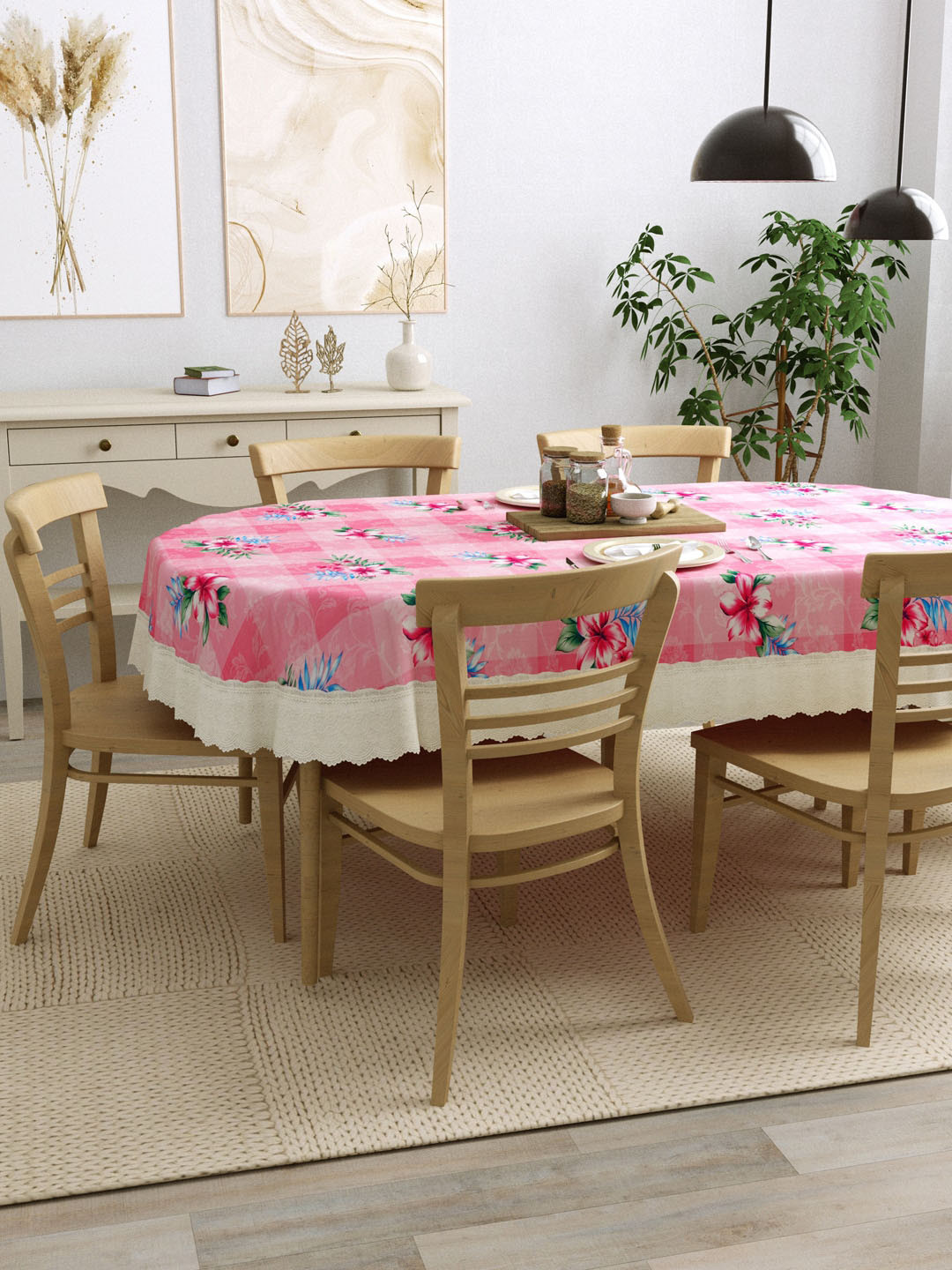 

Clasiko Pink Checked With Floral Printed Detail 6-Seater Anti-Slip Oval Table Cover