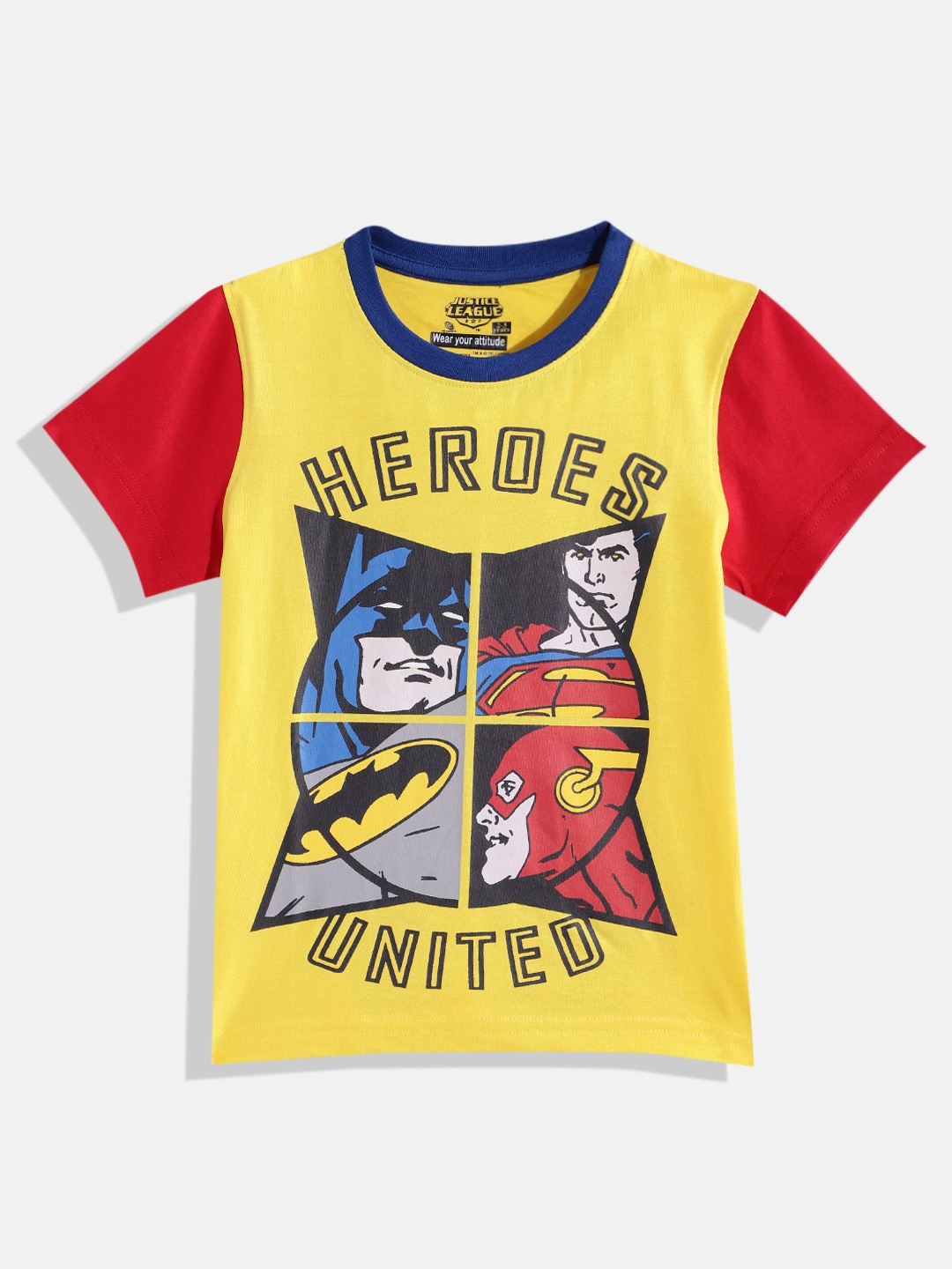 

Eteenz Boys Pure Cotton Justice League Printed T-shirt, Yellow