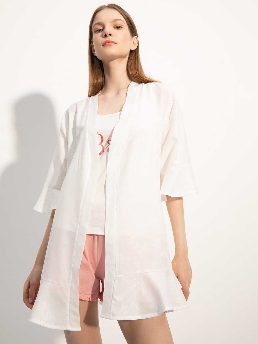 

DeFacto Women Solid Front-Open Mini Robe With Back Belt, White