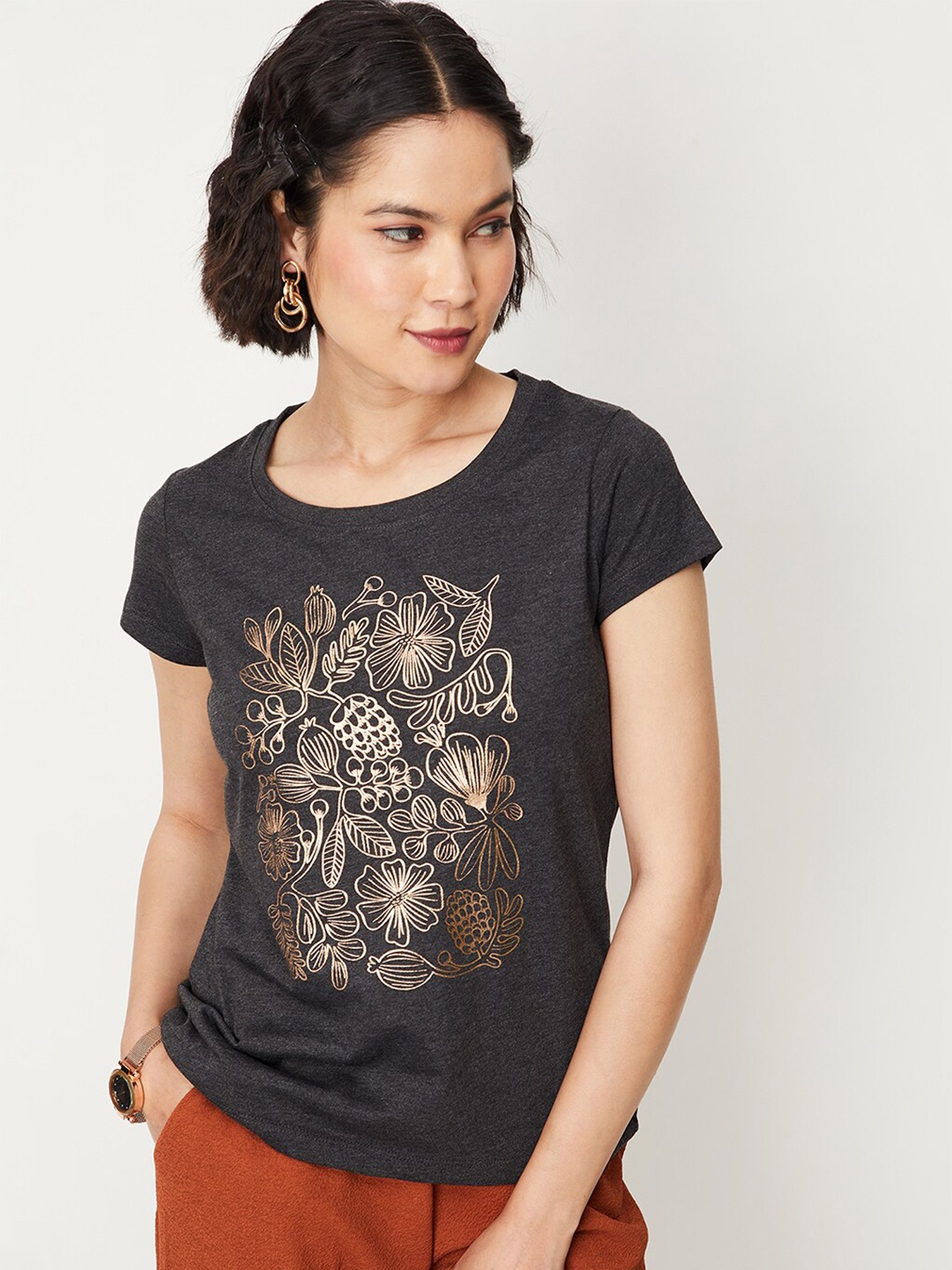 

max Floral Printed Round Neck Pure Cotton T-shirt, Charcoal