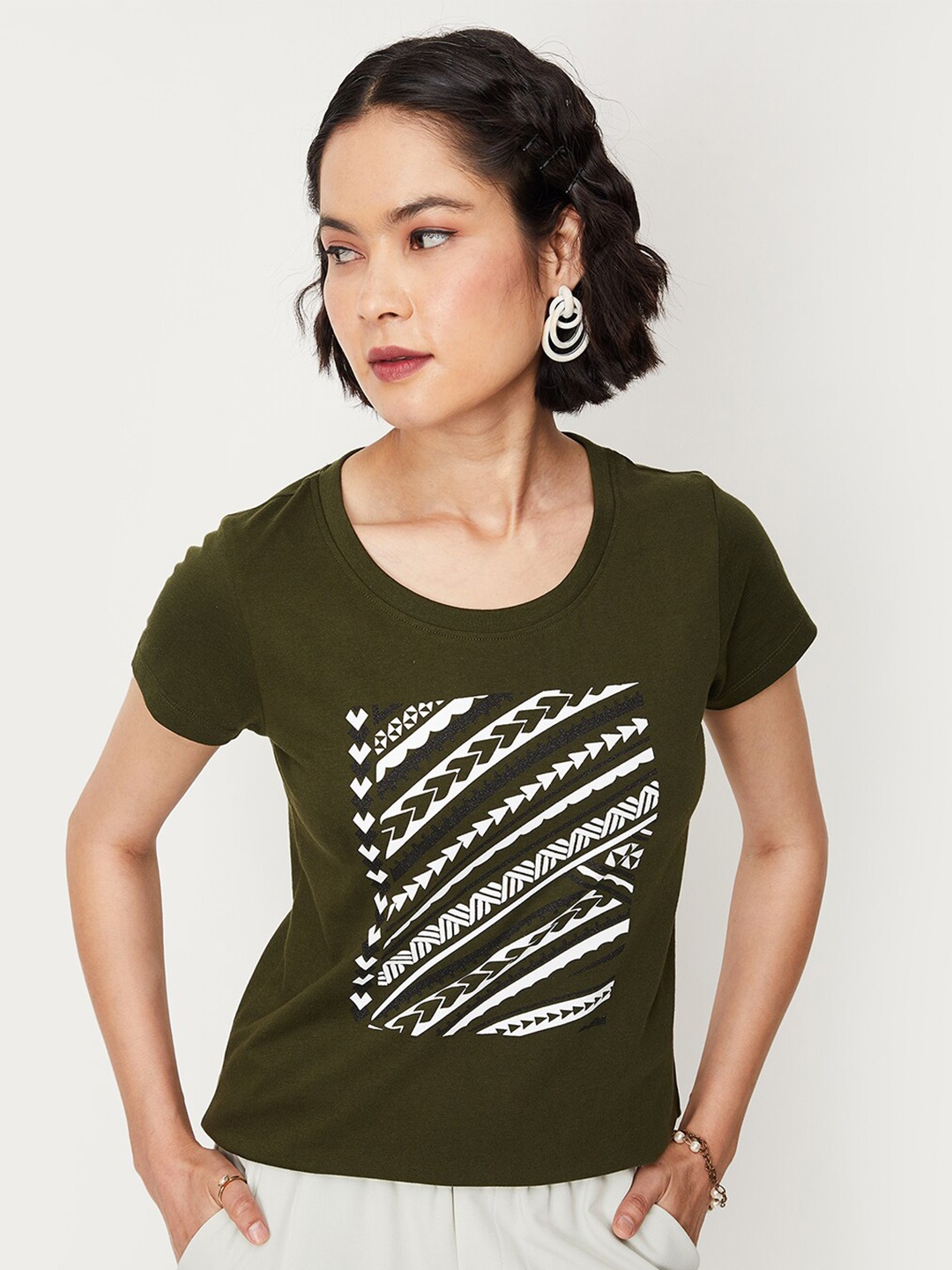 

max geometric Printed Pure Cotton T-shirt, Olive