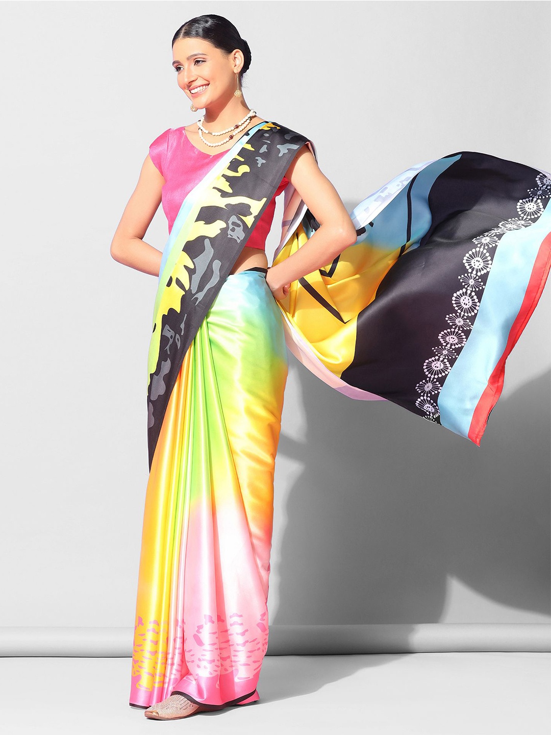 

Mitera Yellow & Black Patchwork Satin Saree