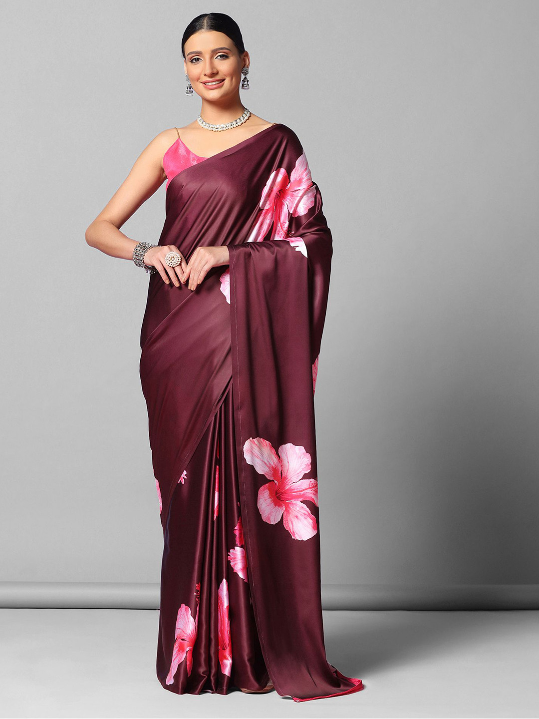 

Mitera Floral Printed Satin Saree With Blouse Piece, Pink