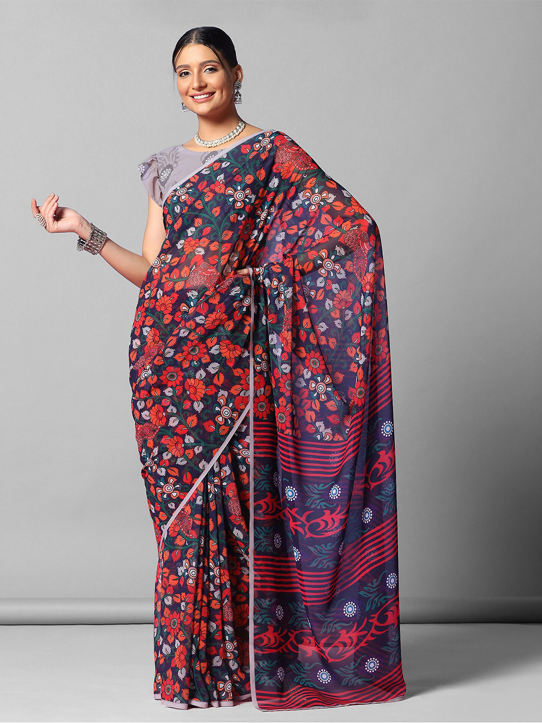 

Mitera Floral Poly Georgette Saree With Blouse Piece, Blue