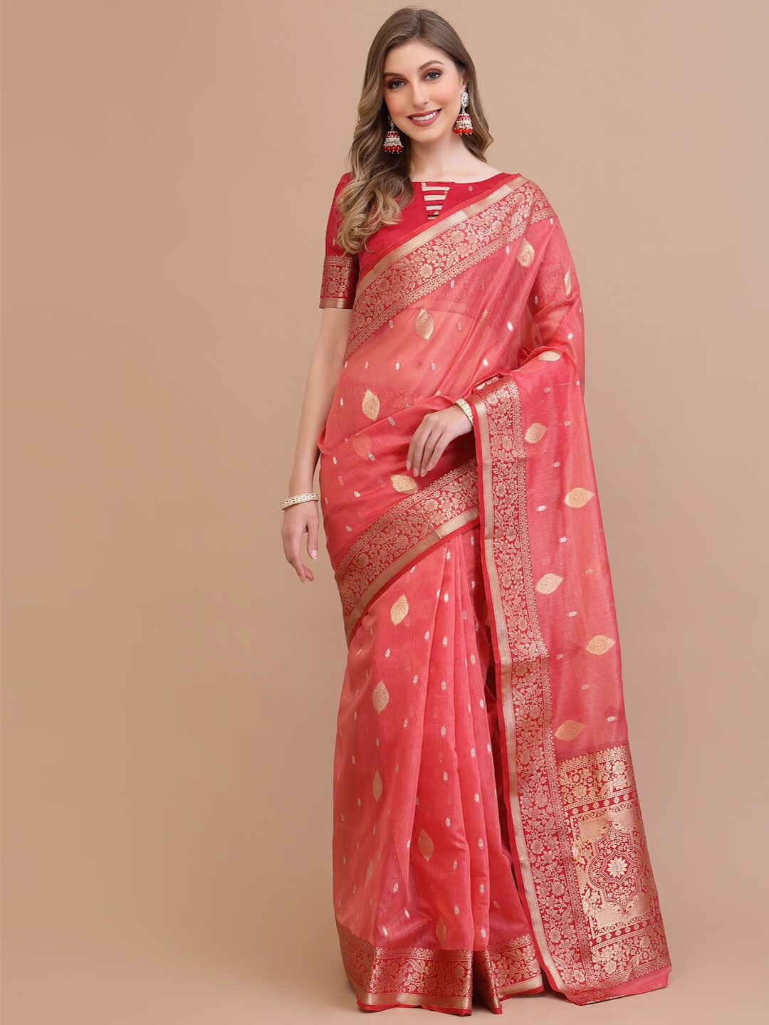 

Mitera Coral & Gold-Toned Ethnic Motifs Woven Design Zari Saree