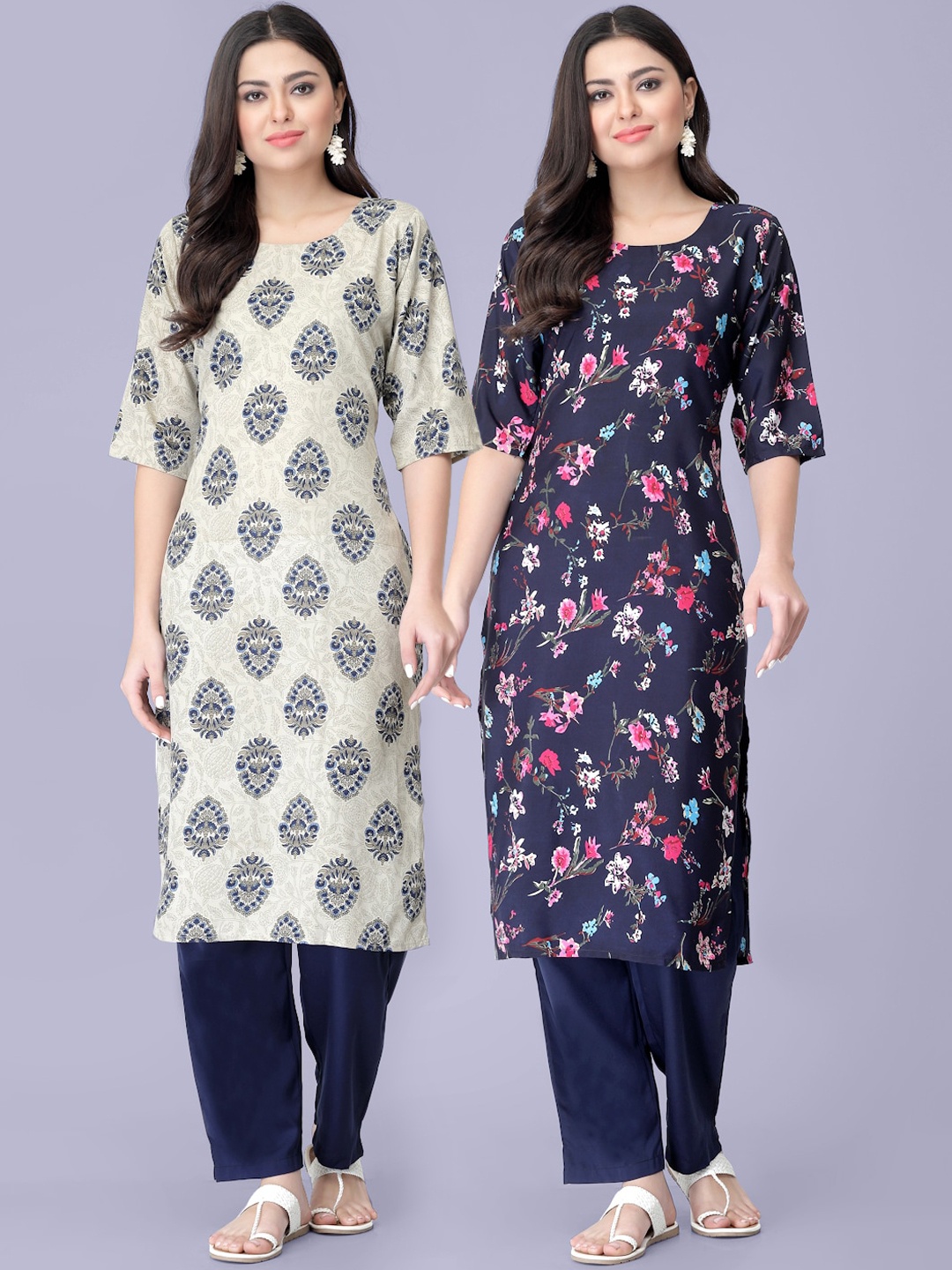 

7Threads Pack Of 2 Printed Kurta with Trousers, Beige