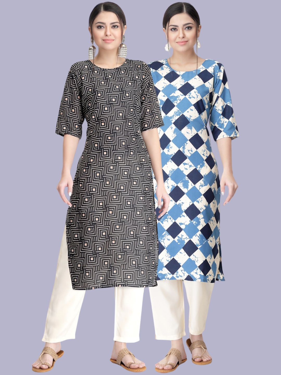 

7Threads Pack Of 2 Printed Kurta with Trousers, Black