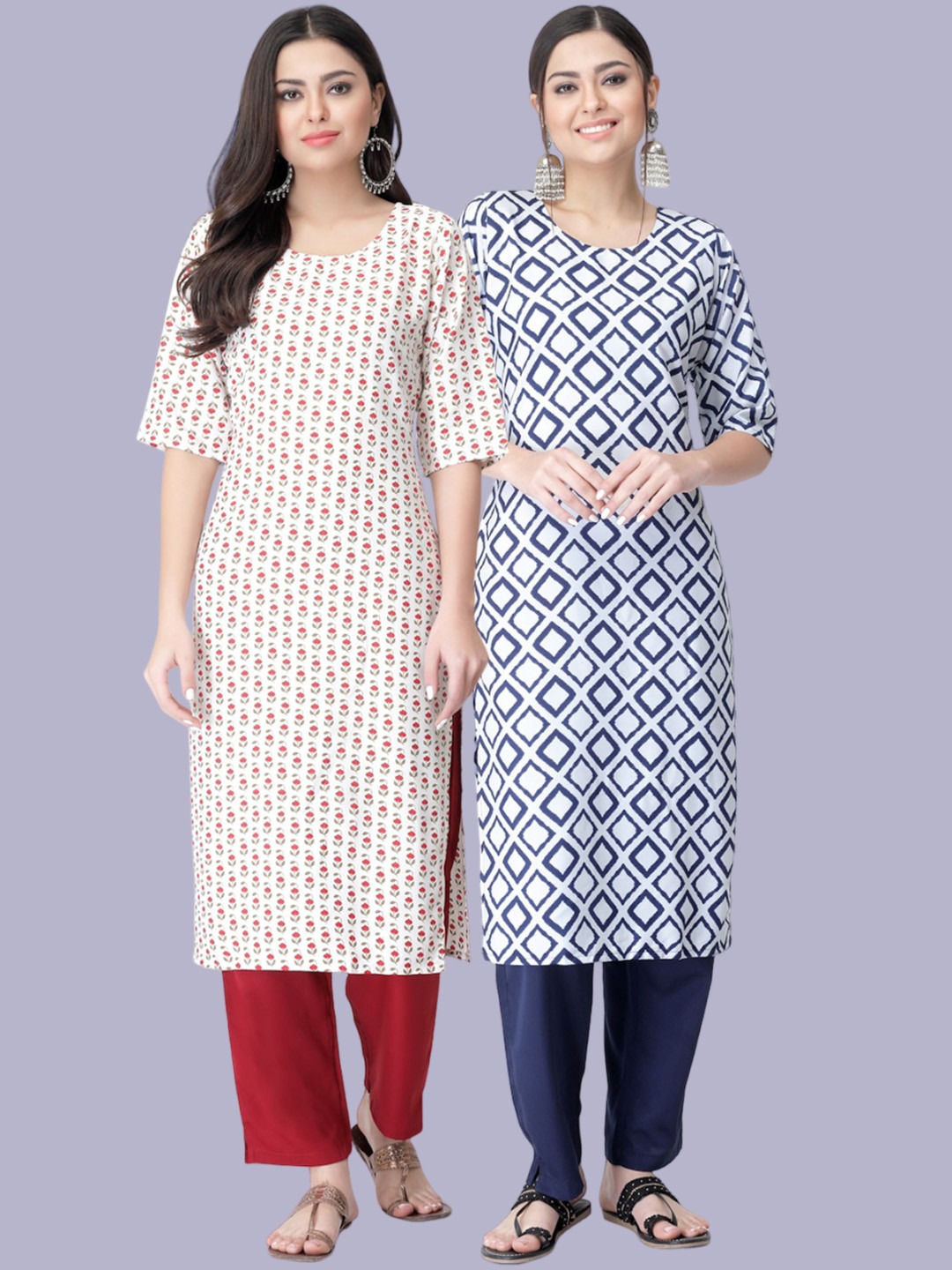 

7Threads Pack Of 2 Printed Kurta with Trousers, White