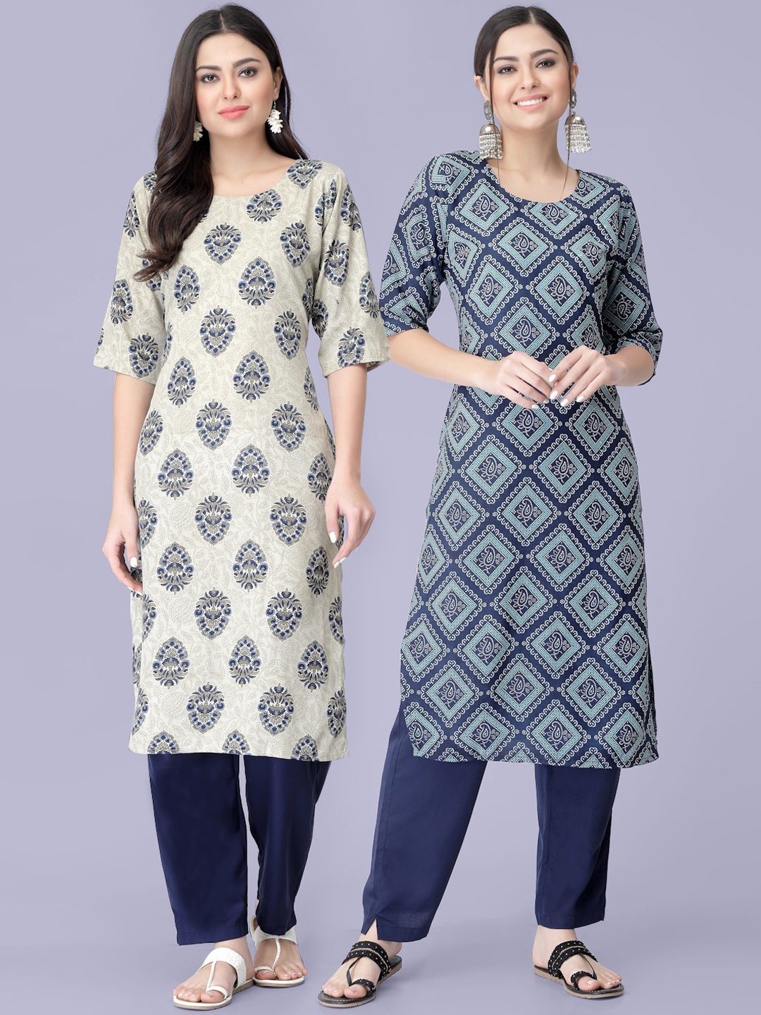 

7Threads Pack Of 2 Printed Kurta with Trousers, Navy blue