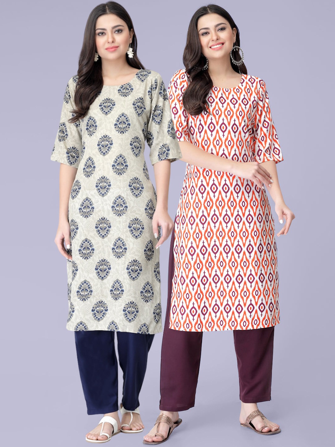 

7Threads Pack Of 2 Printed Kurta with Trousers, Off white