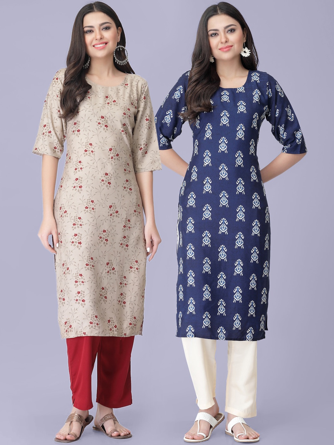 

7Threads Pack Of 2 Printed Kurta with Trousers, Beige