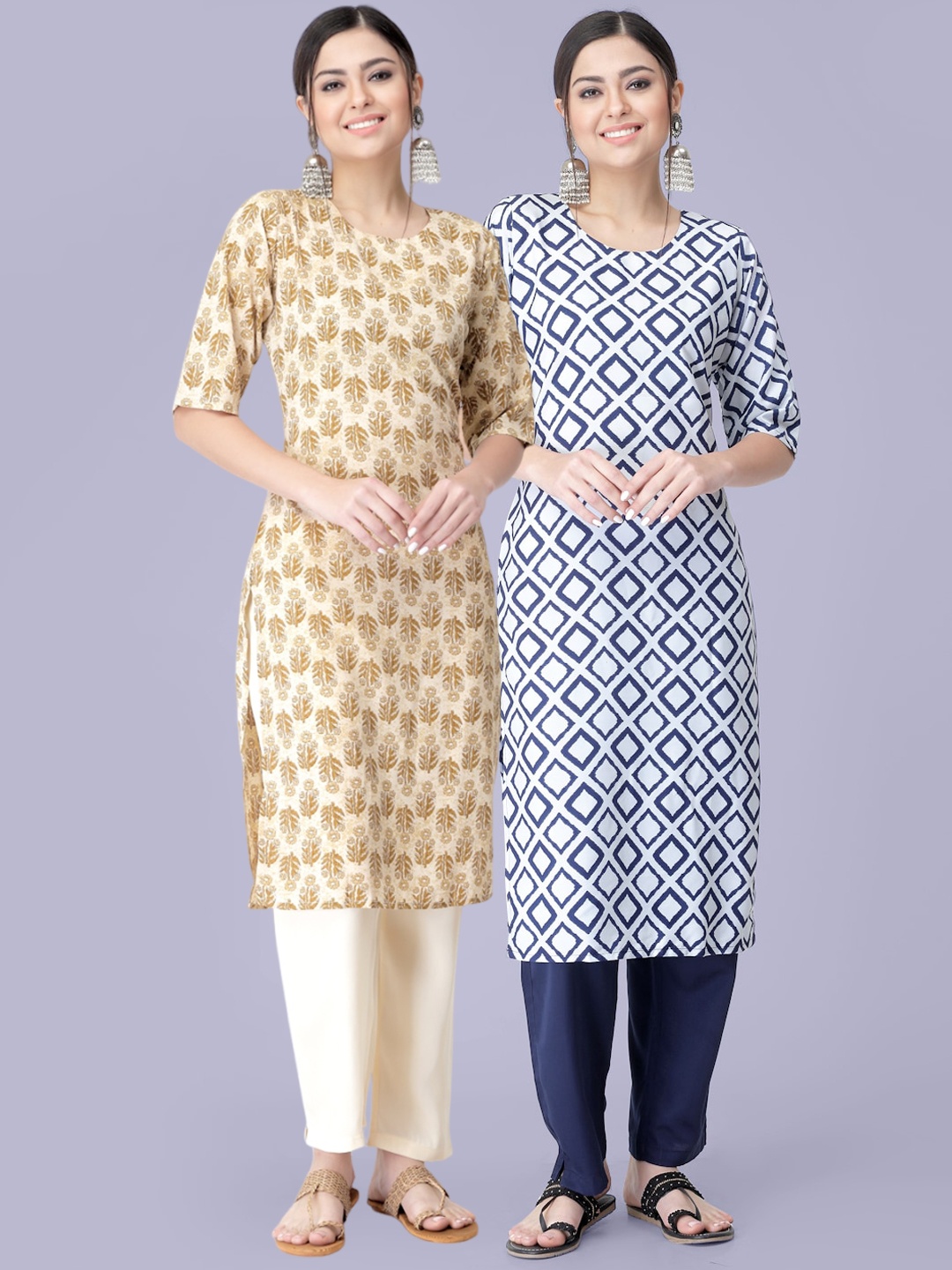 

7Threads Pack Of 2 Printed Kurta with Trousers, Beige