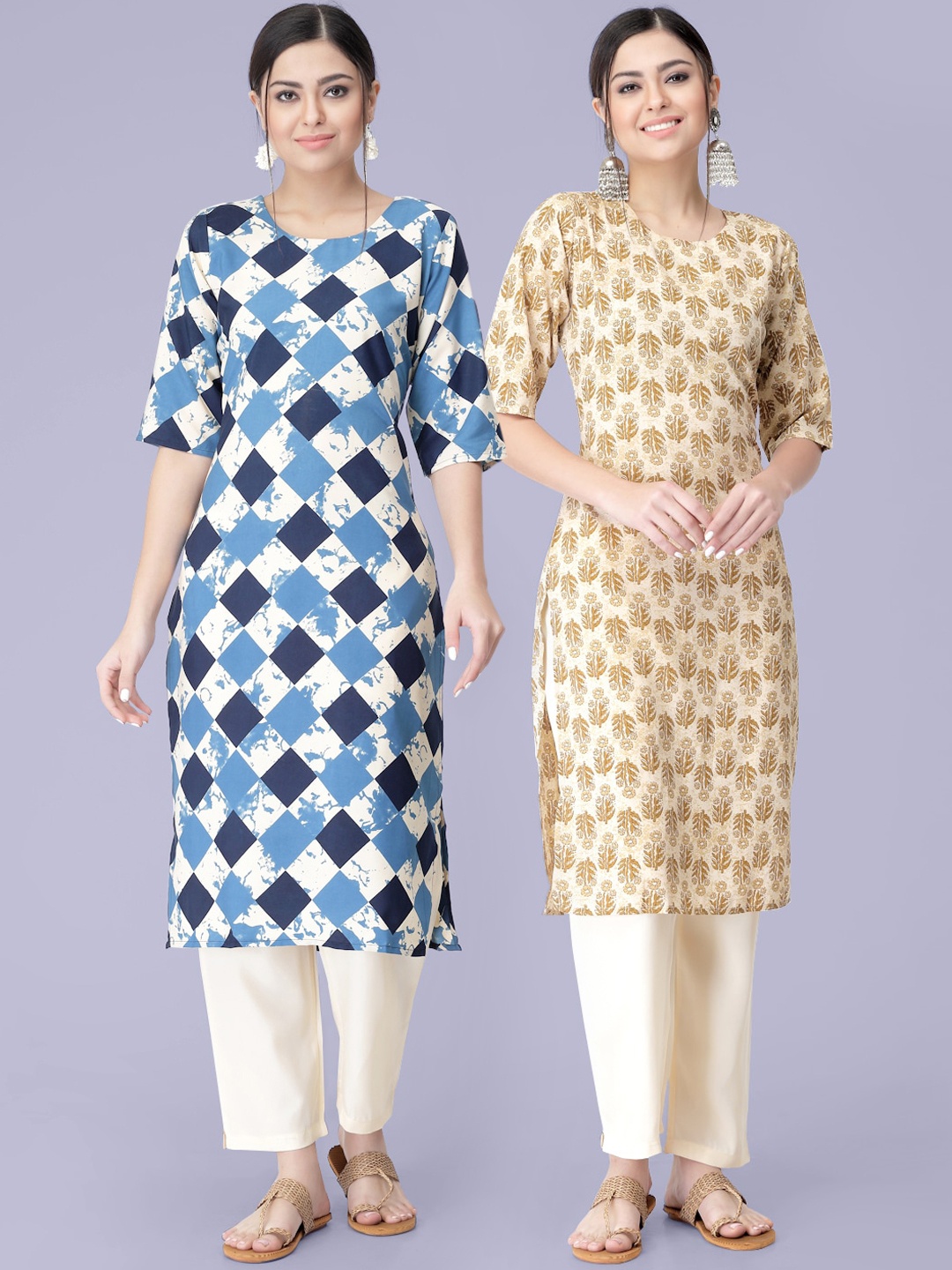 

7Threads Women Blue & Beige Set Of 2 Geometric Printed Crepe Kurta