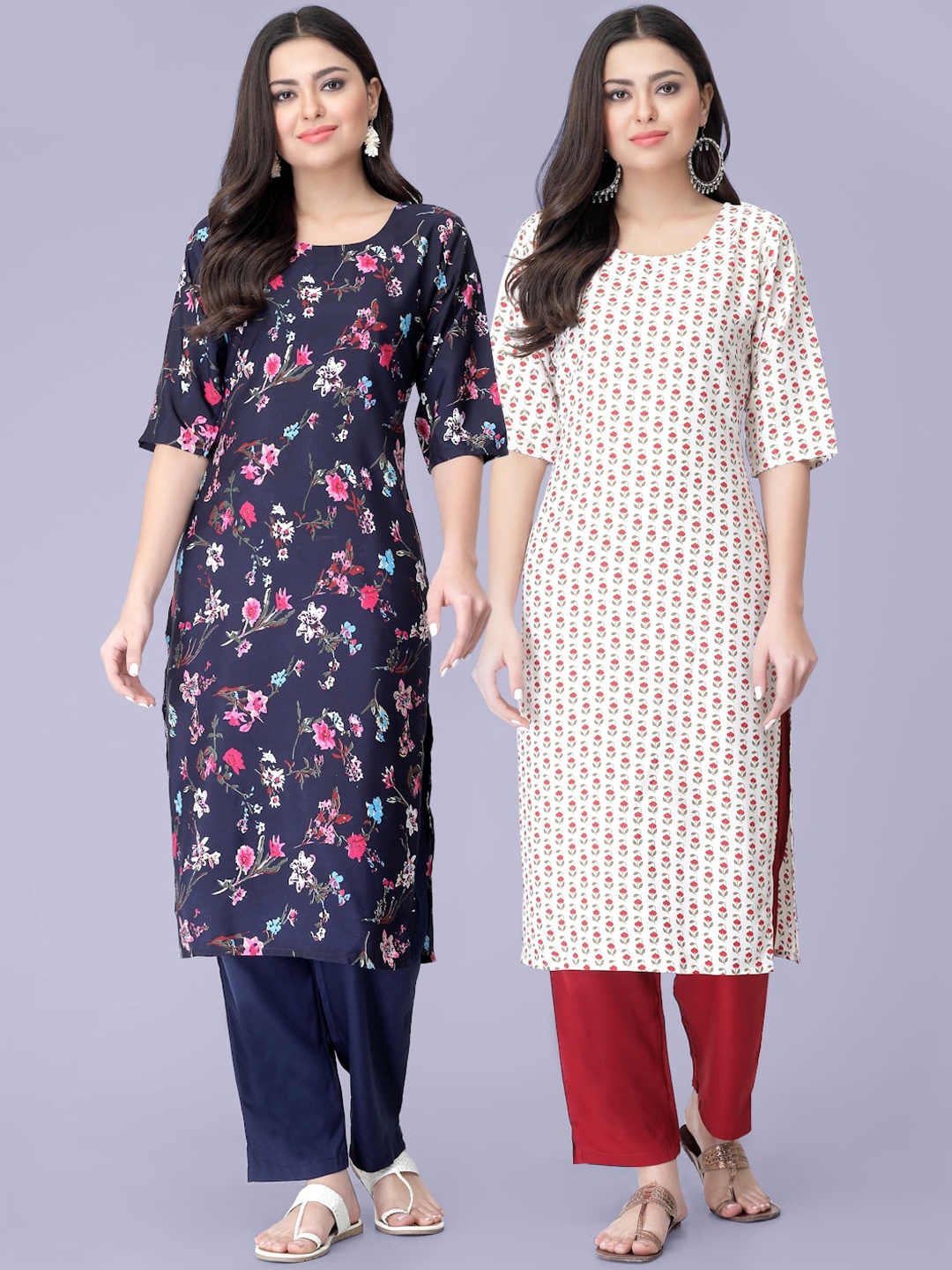 

7Threads Women Floral Print Set Of 2 Straight Kurtas with Trousers, Navy blue