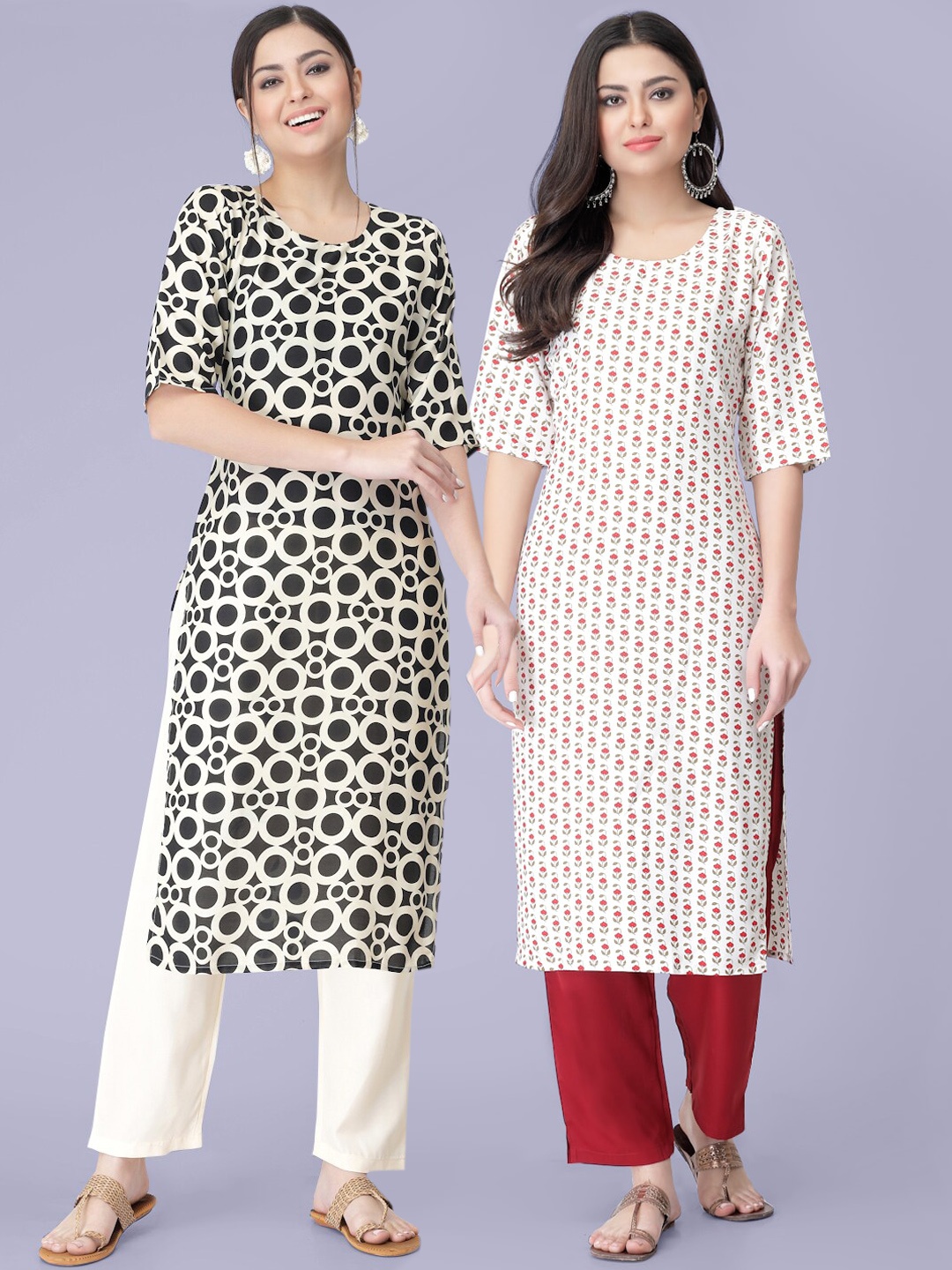 

7Threads Women Black & Red Set Of 2 Floral Printed Crepe Kurta