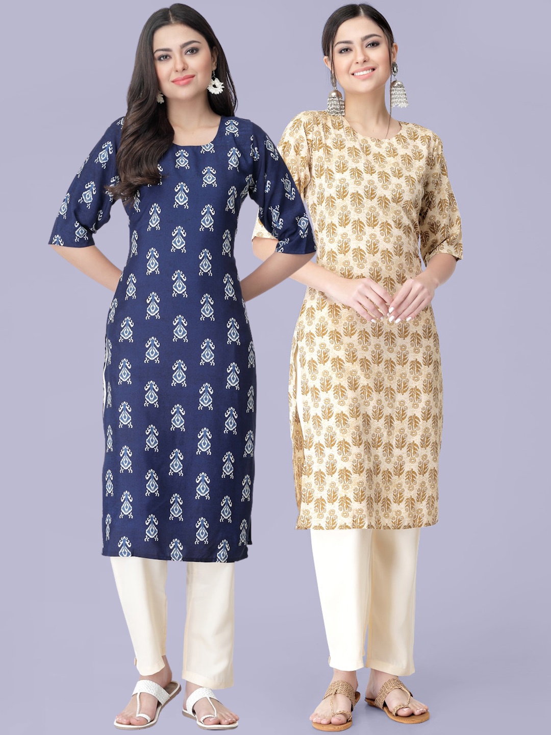 

7Threads Pack Of 2 Printed Kurta with Trousers, Navy blue