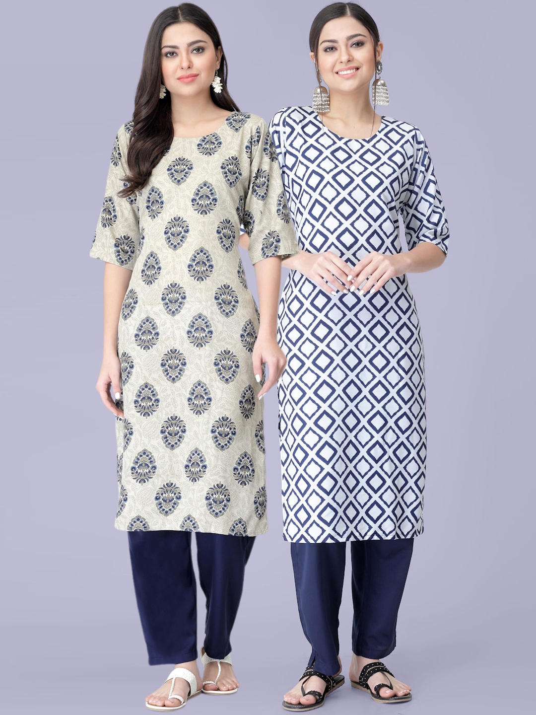 

7Threads Pack of 2 Printed Kurtas with Trousers, Navy blue