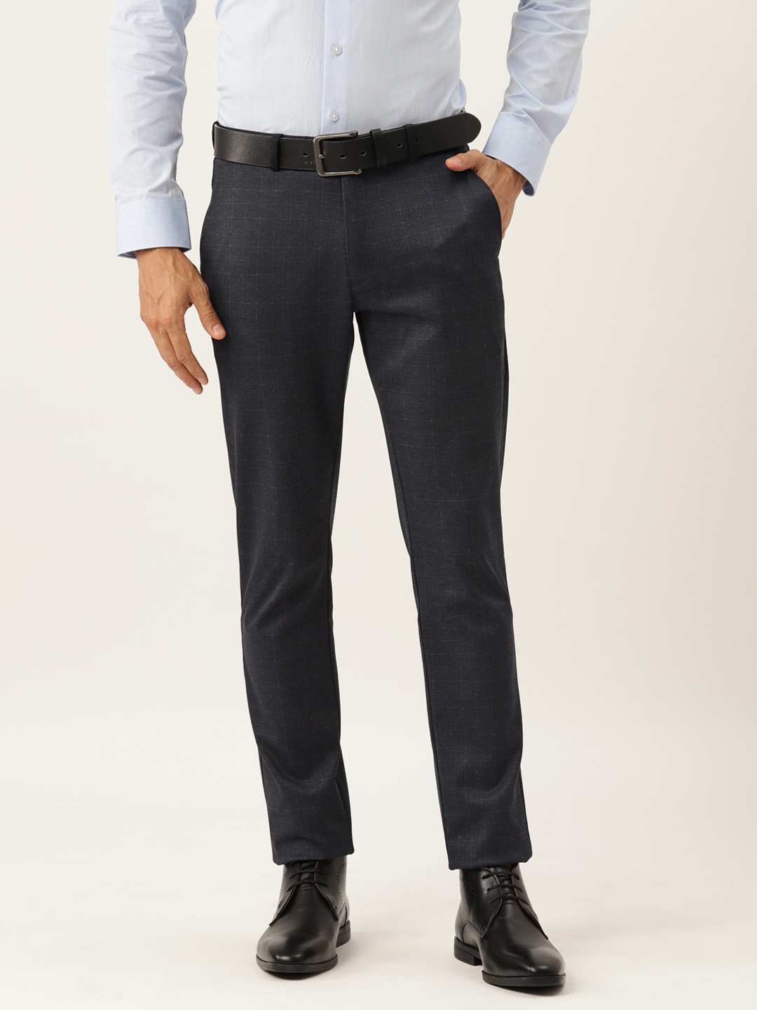 

Peter England Men Checked Super Slim Fit Trousers, Navy blue