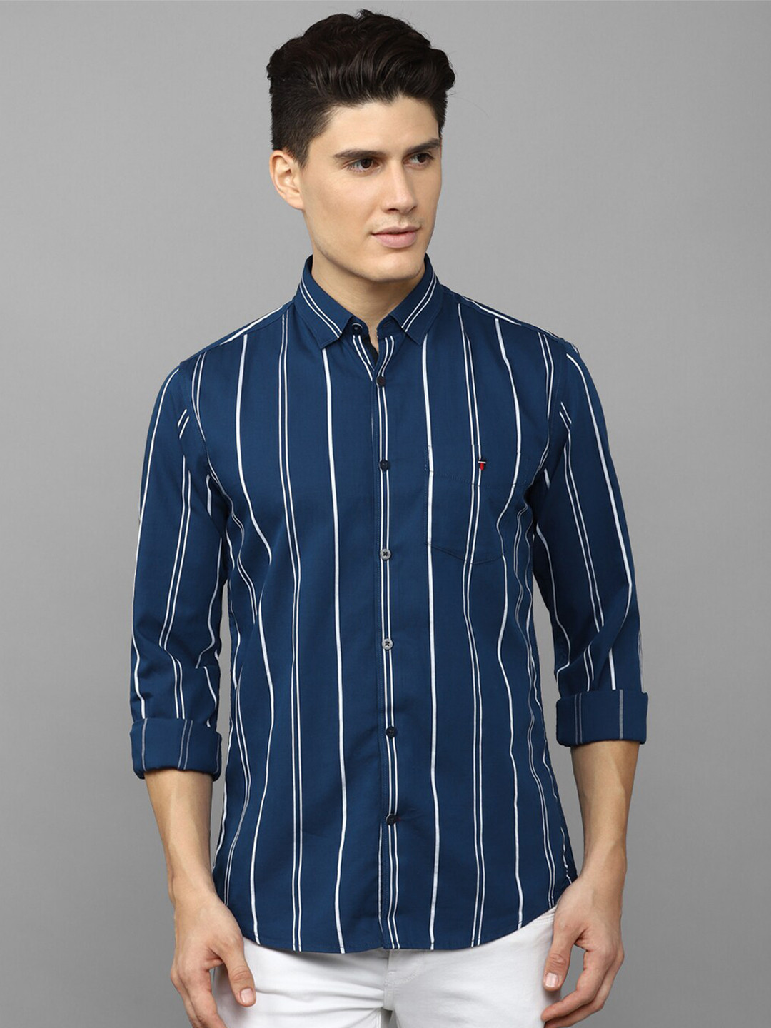 

Louis Philippe Sport Slim Fit Striped Opaque Casual Pure Cotton Shirt, Blue