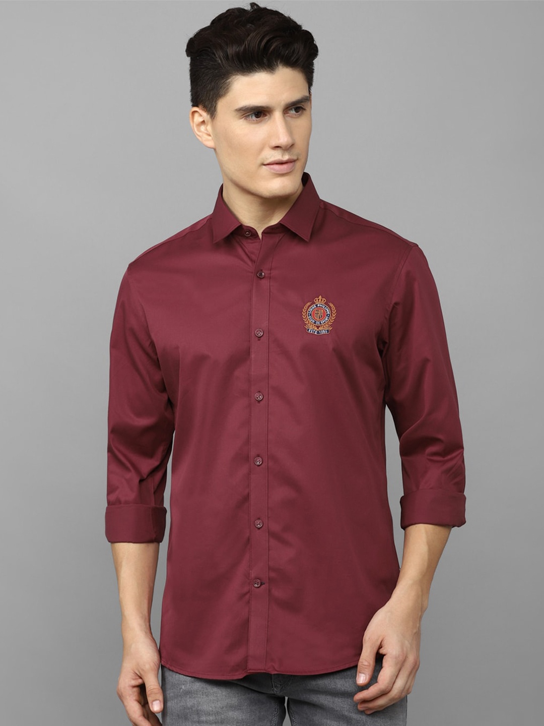 

Louis Philippe Sport Plus Size Spread Collar Slim Fit Cotton Casual Shirt, Maroon