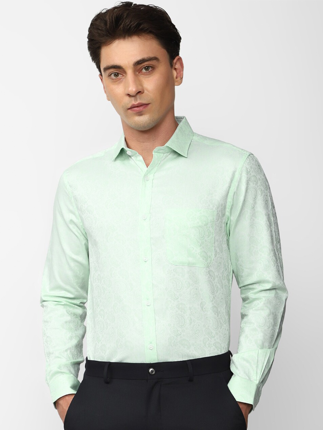 

Peter England Elite Ethnic Motif Printed Spread Collar Long Sleeves Formal Shirt, Green