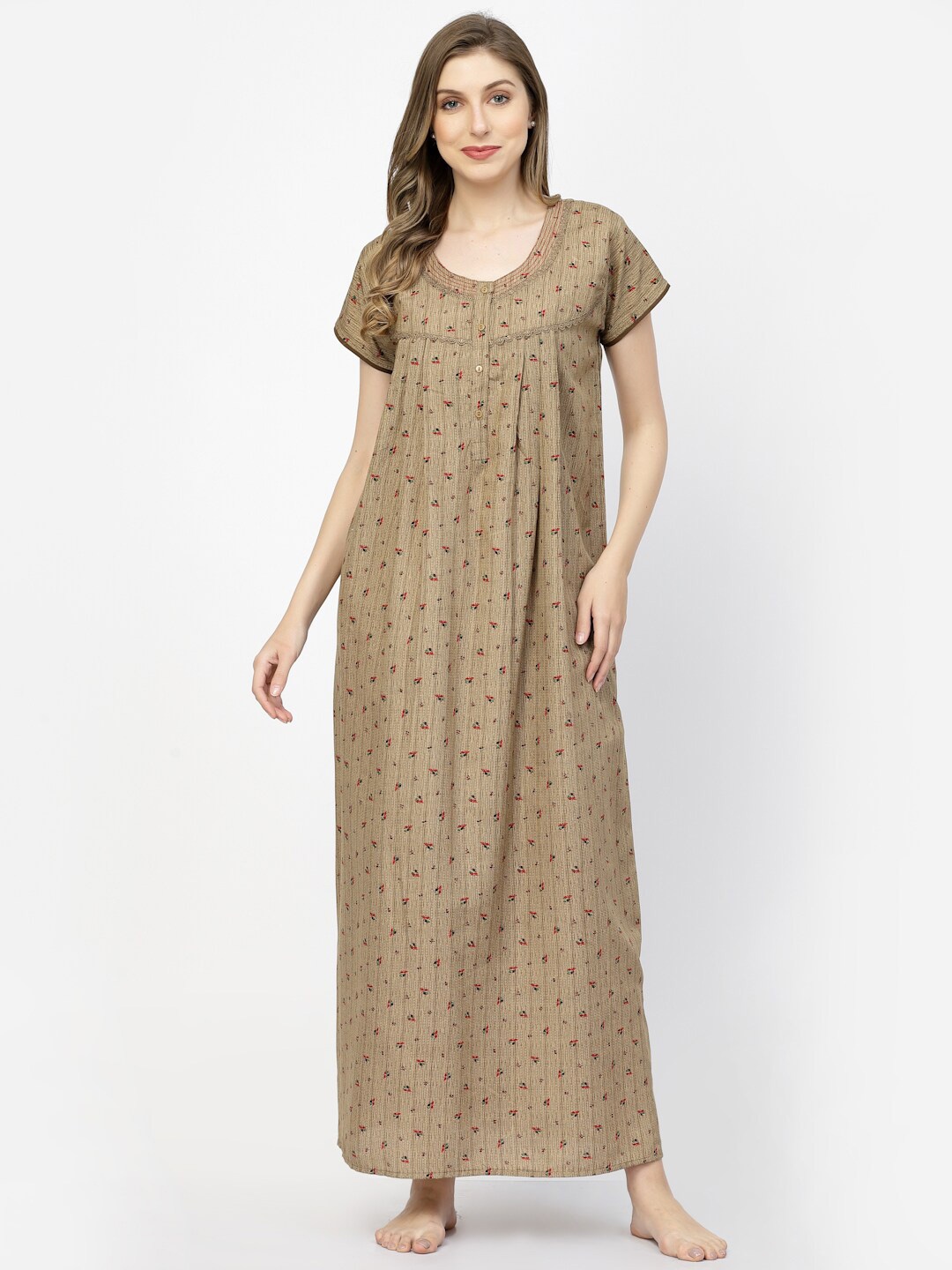 

Sweet Dreams Khaki Floral Printed Pure Cotton Maxi Nightdress