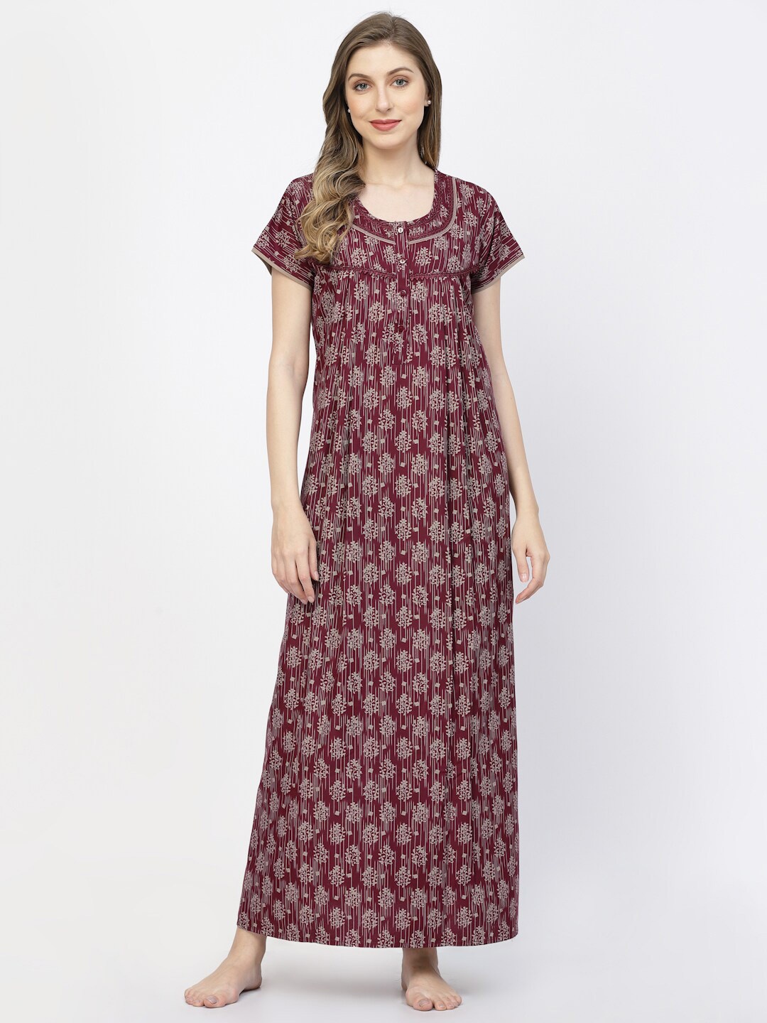 

Sweet Dreams Maroon Floral Printed Pure Cotton Maxi Nightdress