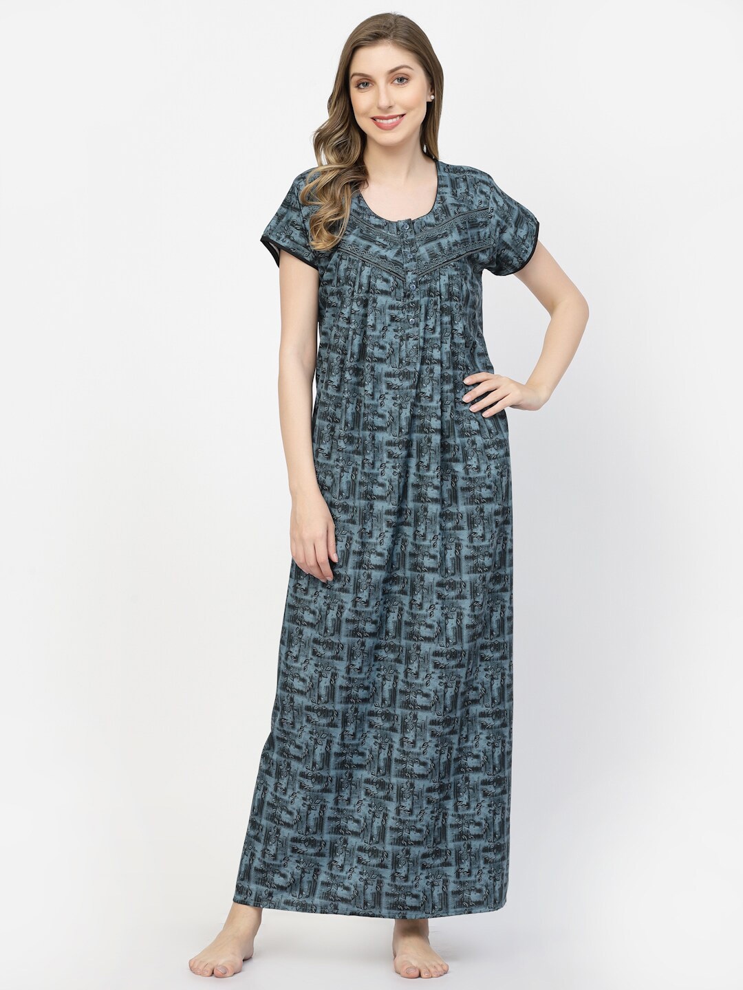 

Sweet Dreams Blue Ethnic Motifs Printed Pure Cotton Maxi Nightdress