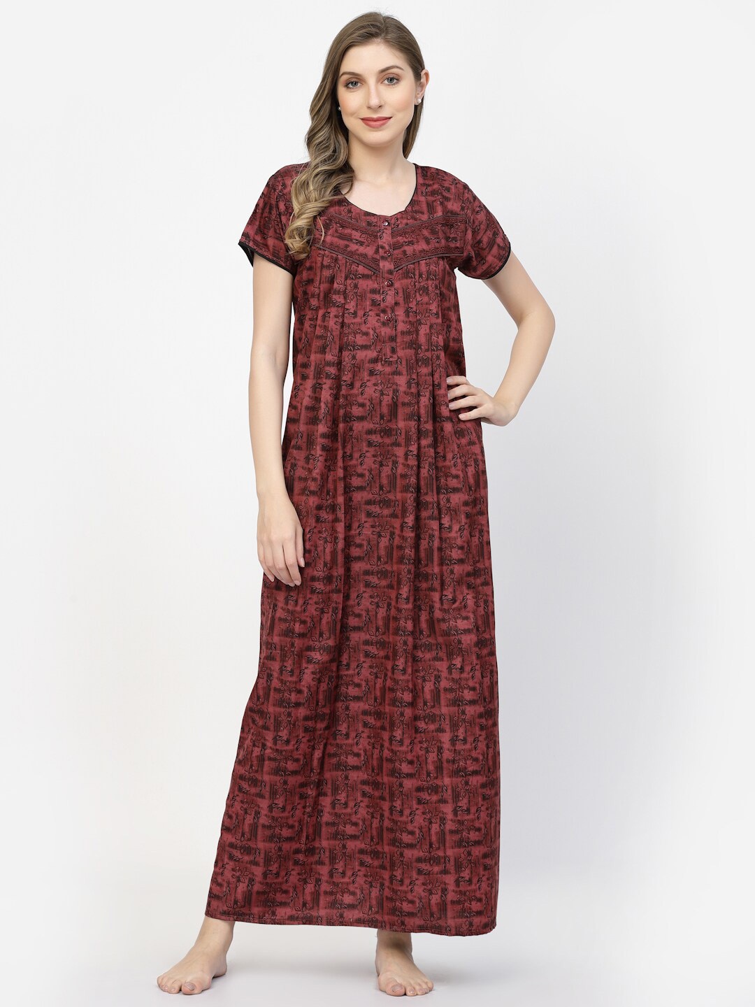 

Sweet Dreams Maroon Floral Printed Pure Cotton Maxi Nightdress