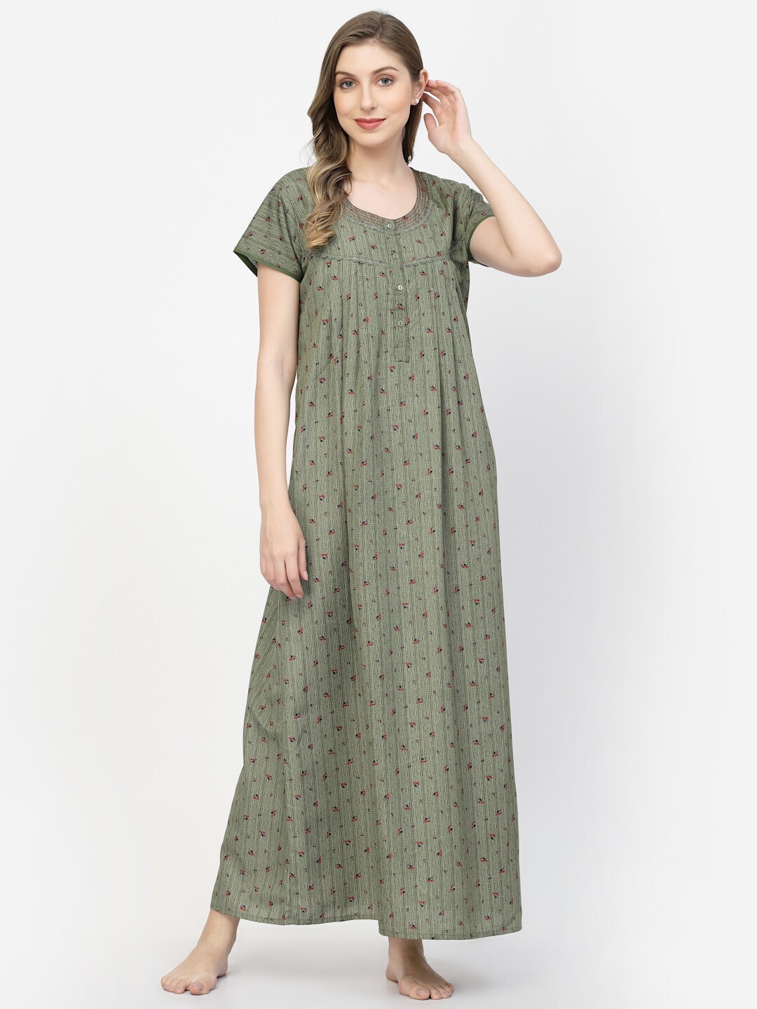 

Sweet Dreams Green Floral Printed Pure Cotton Maxi Nightdress