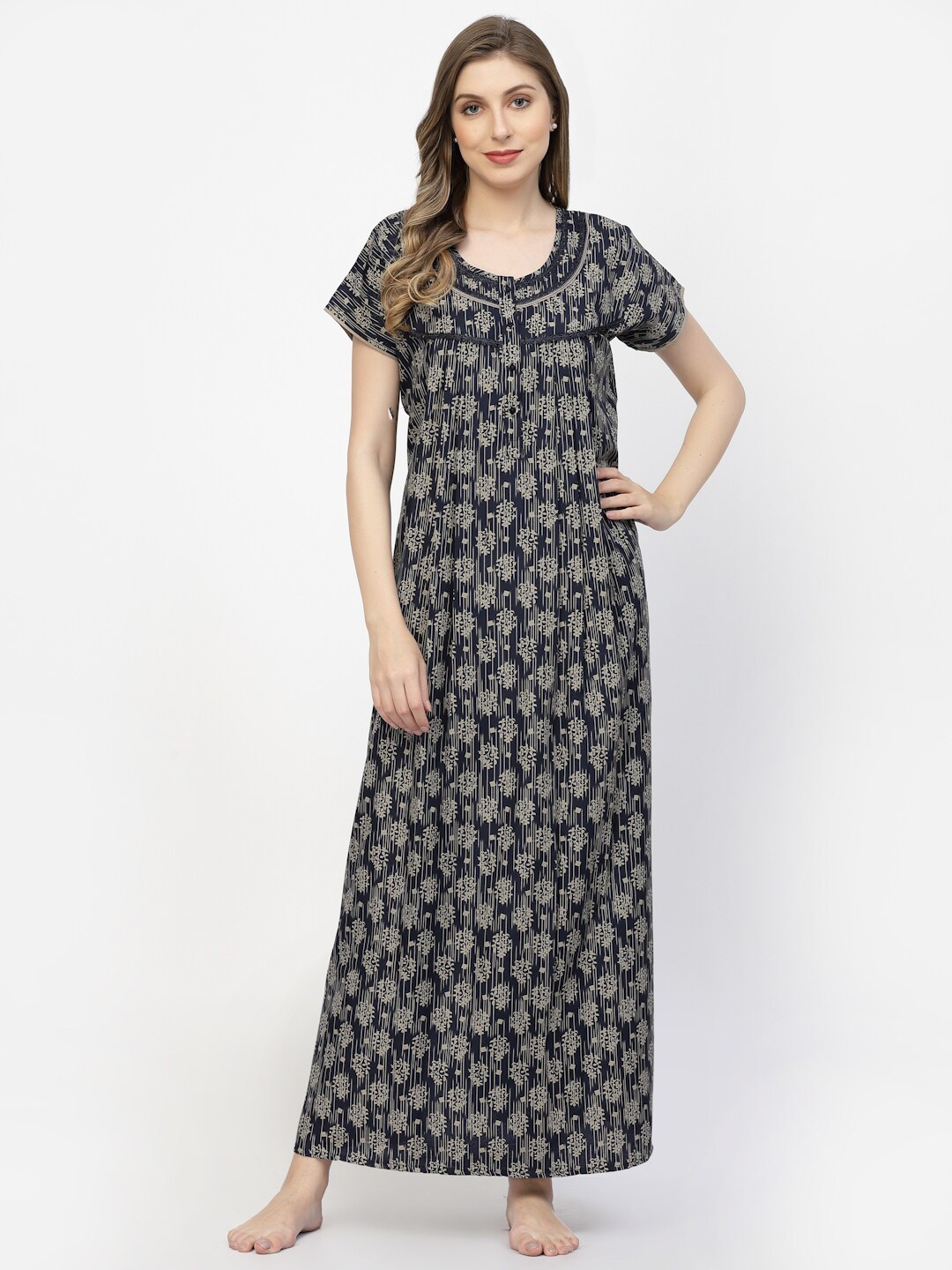 

Sweet Dreams Navy Blue Floral Printed Pure Cotton Maxi Nightdress
