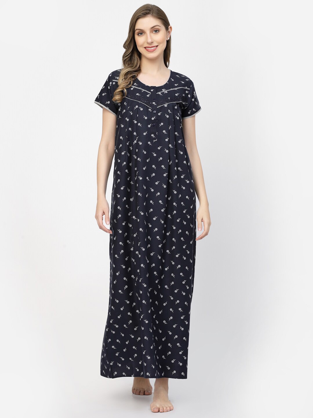 

Sweet Dreams Navy Blue Floral Printed Pure Cotton Maxi Nightdress
