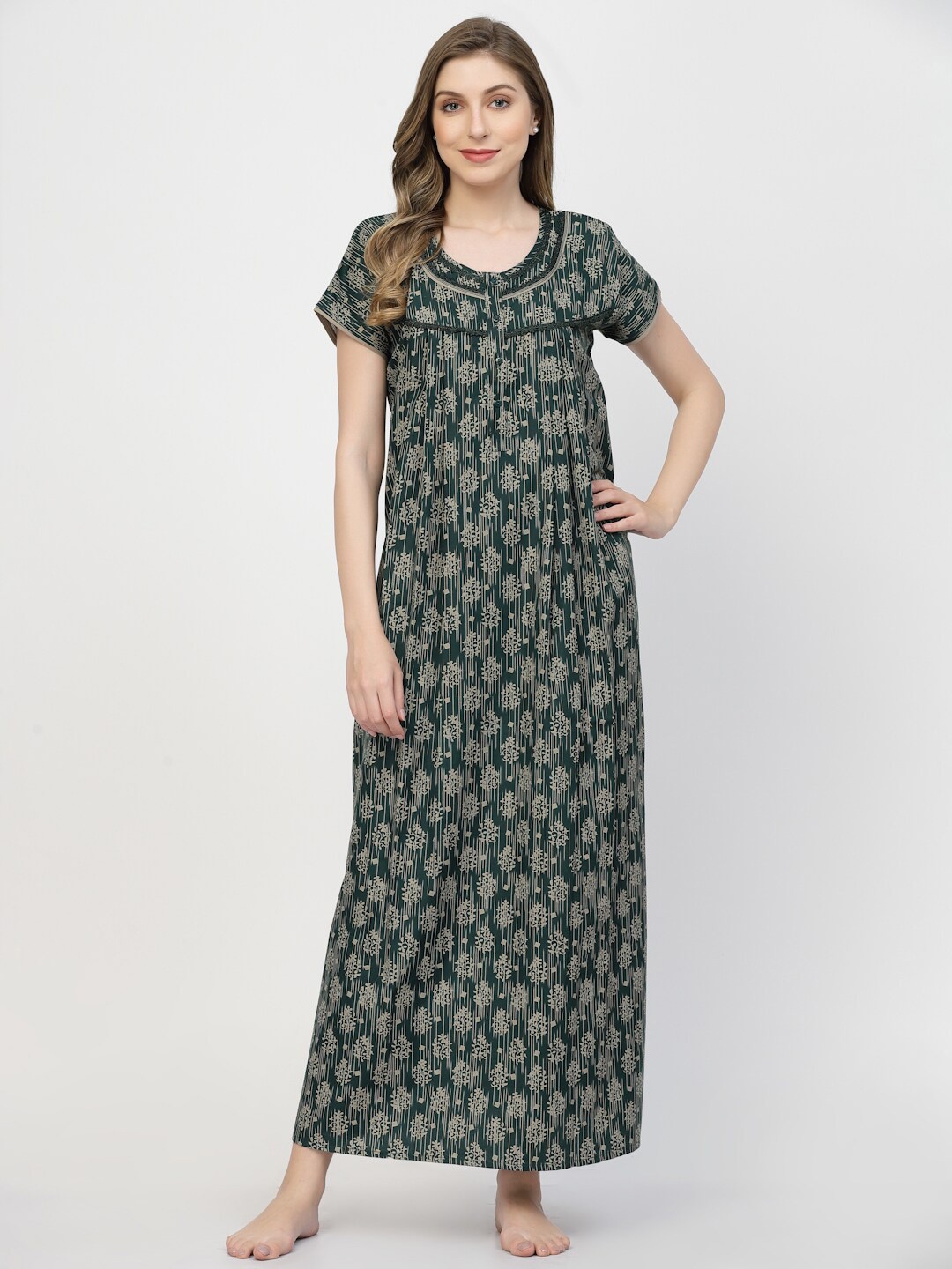 

Sweet Dreams Green Floral Printed Pure Cotton Maxi Nightdress