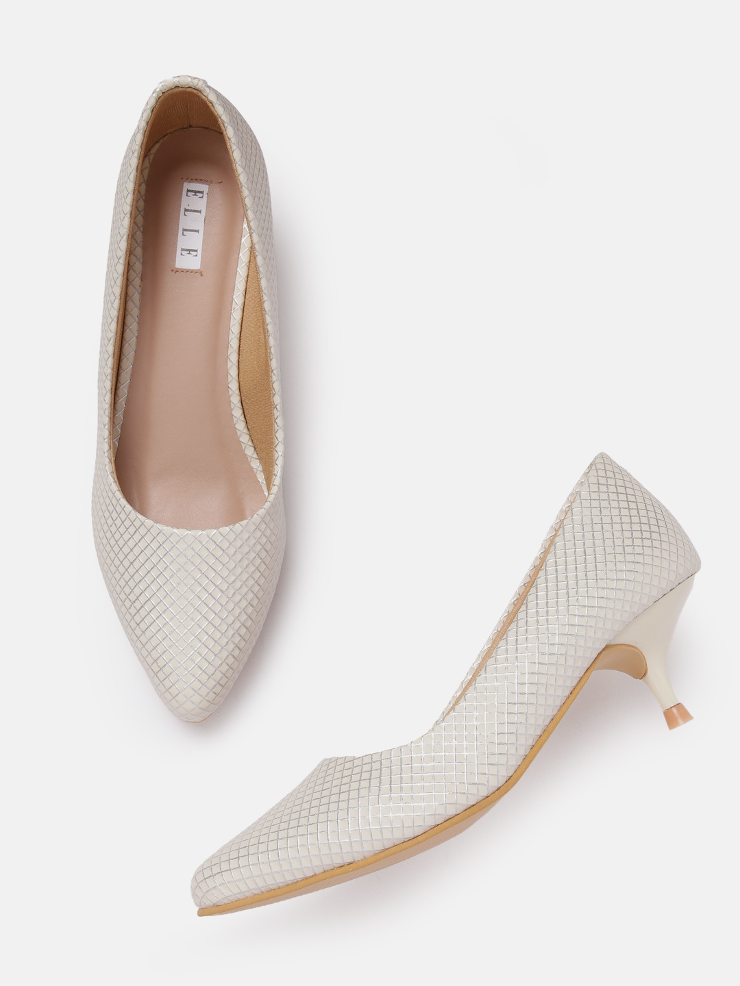 

ELLE Women Textured Kitten Heel Pumps, Cream