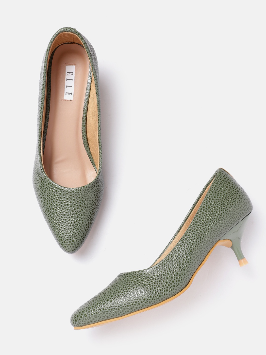 

ELLE Women Snake Skin Textured Kitten Heel Pumps, Olive