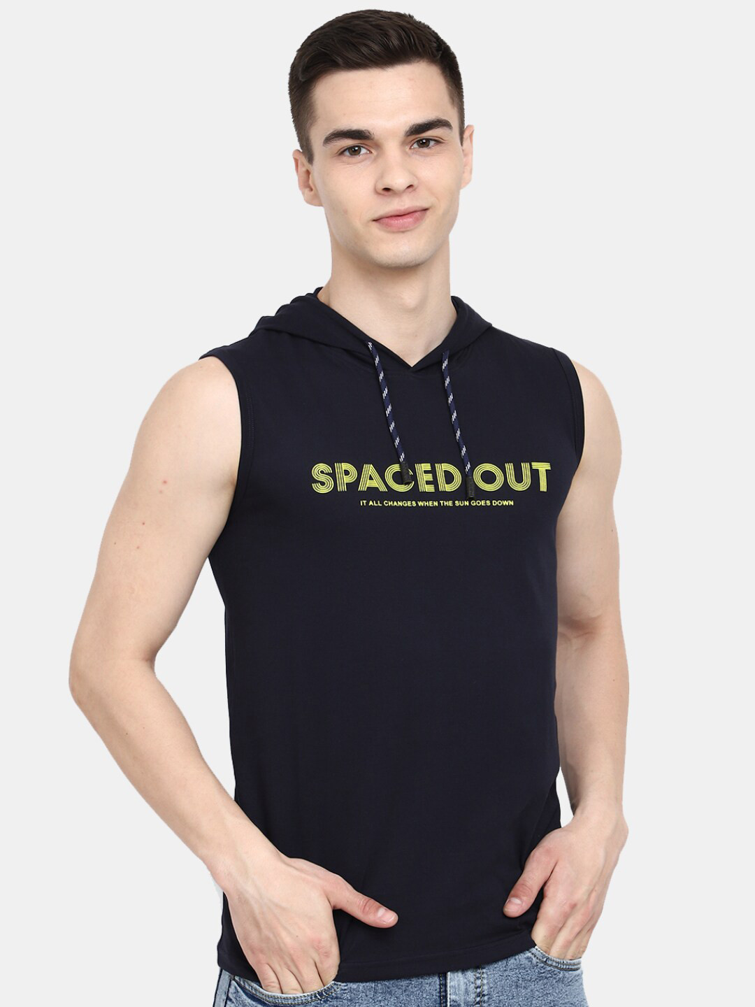 

V-Mart Typography Printed Hooded Neck Cotton Innerwear Basic Vest, Navy blue