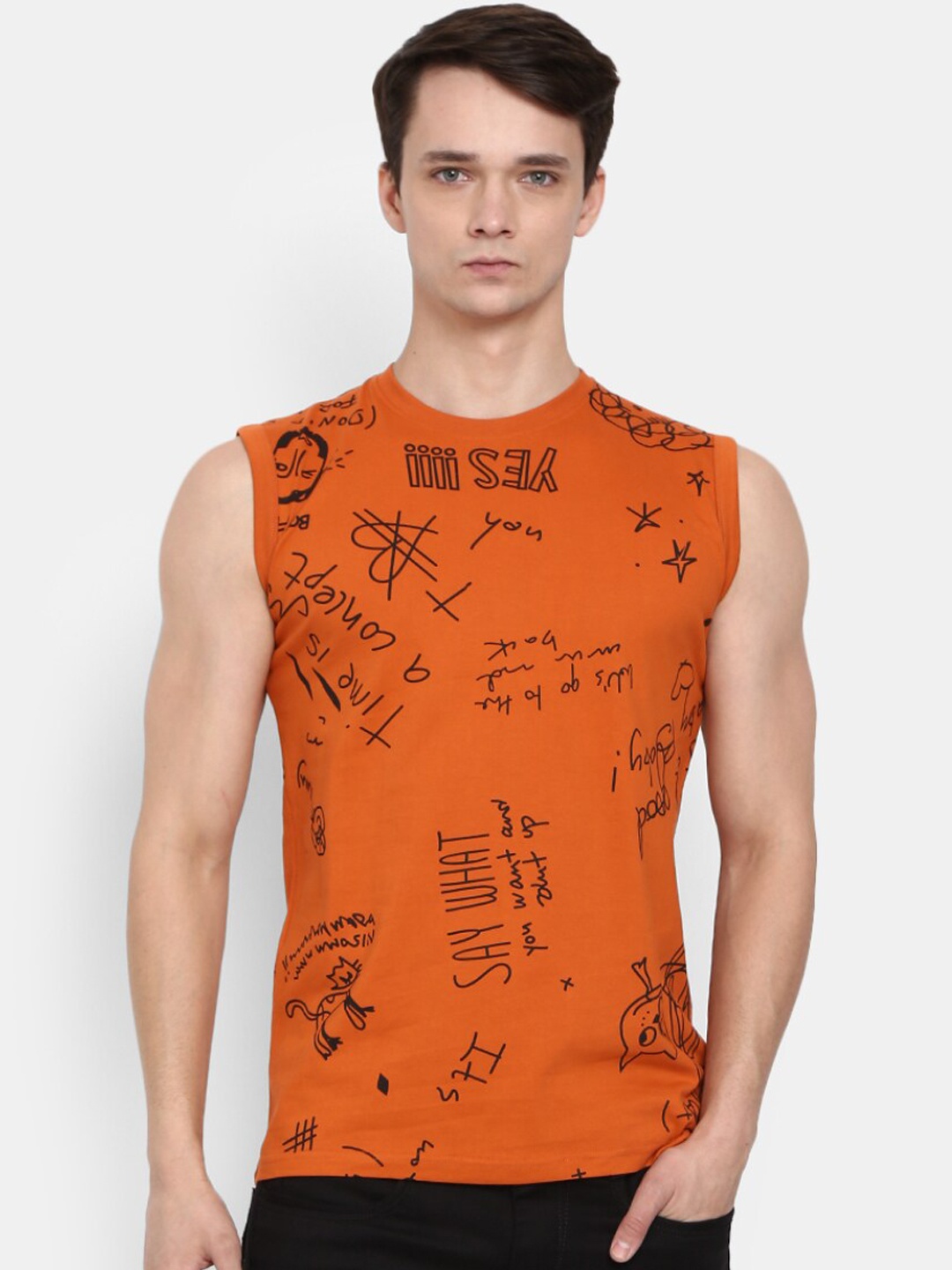 

V-Mart Printed Cotton Round Neck Sleeveless Innerwear Basic Vest, Rust