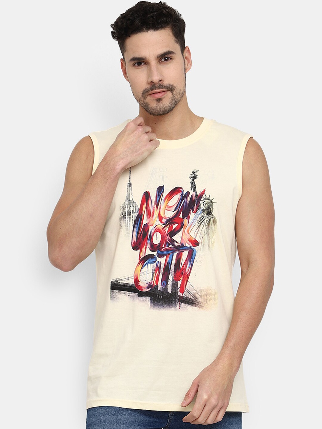 

V-Mart Printed Cotton Round Neck Innerwear Undershirt Vest, Cream