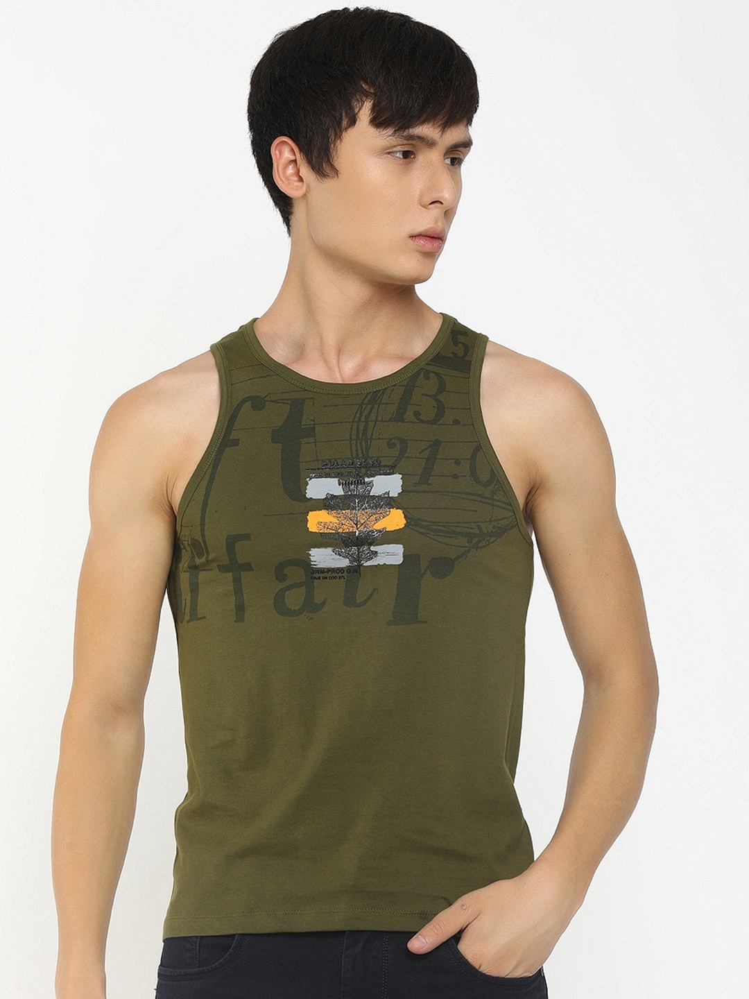 

V-Mart Men Printed Cotton Innerwear Vest, Olive